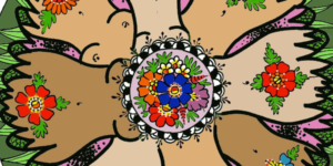 Obrazek przedstawiający krąg nagich kobiet o różnym kolorze skóry, w środku rysunek kwiatów wpisanych w koło