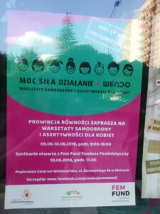 plakat zapraszający na warsztat samooborny i asertywnosci dla kobiet "wendo"