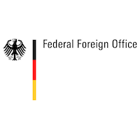 Czarny orzeł i napis Federal Foreign Office oraz czarno-czerwono-żółty pionowy pasek