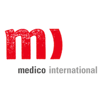 Czarno-szary napis medico international i duże czerwone litery M i I