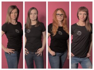 Kolaż stworzony z czterech pionowych zdjęć działaczek z spółdzielni Myśli Kobiecej 